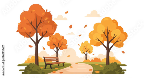 A vibrant autumn landscape depicts trees a path and a park bench in a striking silhouette high quality professional detailed modern