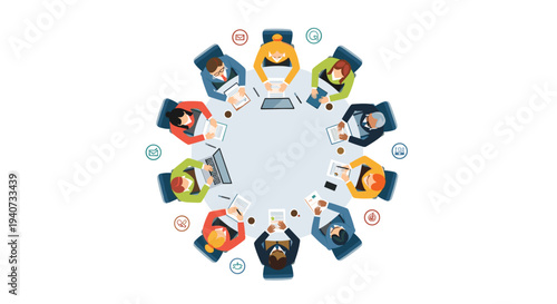 Ten diverse business people are seated around a circular conference table, viewed from above, surrounded by laptops and documents.