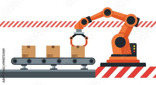 An automated factory scene depicts a robotic arm lifting cardboard boxes on a conveyor belt a flat silhouette high quality professional
