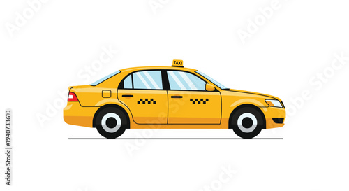 A standard, yellow, four-door sedan taxi car with a roof sign and checkered stripe is presented in a clean, flat vector style.