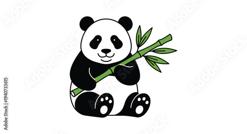 A charming cartoon panda bear playfully clutches bamboo stalks creating a delightful black silhouette high quality professional detailed modern elegant stylish