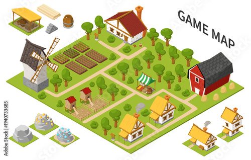 Isometric farm game map with village buildings, windmill, crops, barn and trees for farming simulation landscape.