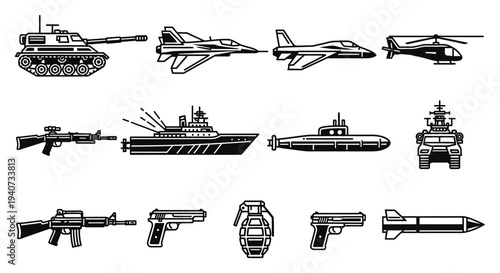 A collection of military vehicles and weaponry depicted in a stark black and white silhouette high quality professional detailed modern elegant stylish clean