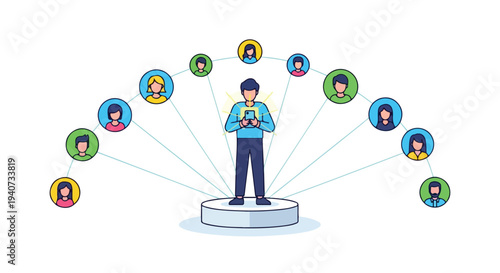 A man stands on a platform, surrounded by colorful social media influence icons in a flat 2D illustration with a modern and digital feel.