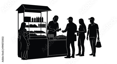 A black silhouette depicts a market stall with a vendor and customers interacting showcasing a simple scene silhouette high quality professional
