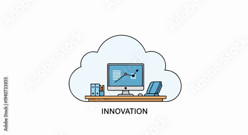 Innovation concept with computer and graph on cloud background.