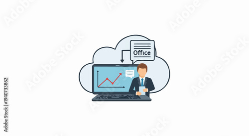 Businessman working on laptop with cloud data and office documents.
