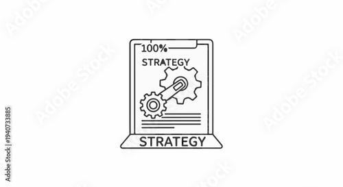 Simple line art illustration of a laptop displaying a strategy document with gears.