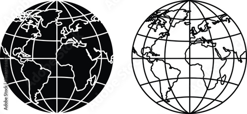 Black and white globe earth map illustration isolated on transparent background, Vector