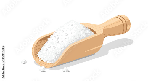 A light brown wooden scoop filled with coarse white granulated salt is depicted with scattered crystals on a clean white background.