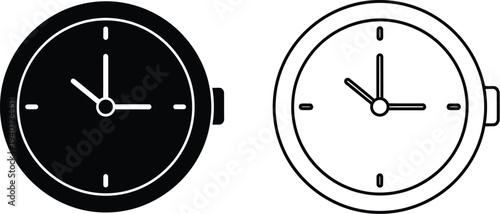 Clocks black white line art isolated on transparent background, Vector