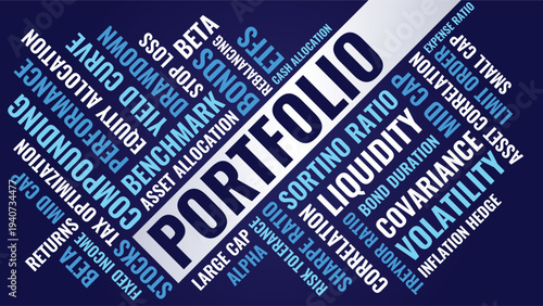 Portfolio Word Cloud Design for Poster, Wall Art, Financial Education Banner, Classroom Decor. Portfolio diagonal blue finance typography