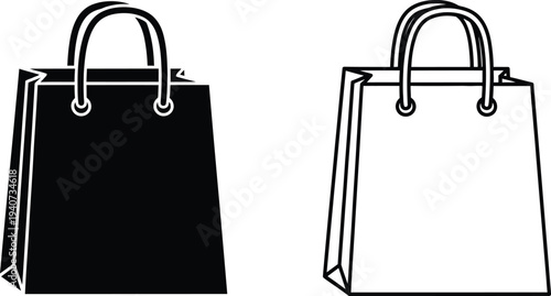 Black and white shopping bags isolated on transparent background, Vector