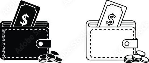 Wallets with money and coins isolated on transparent background, Vector