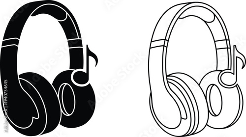 Headphones icon set black white isolated on transparent background, Vector