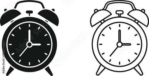 Alarm clock black and white isolated on transparent background, Vector