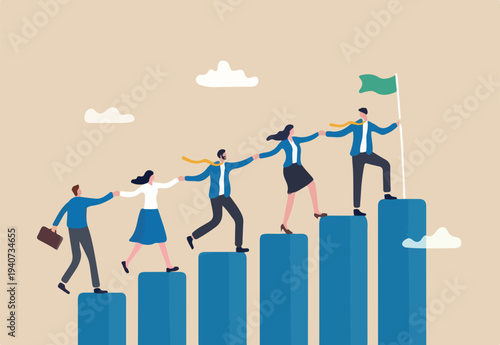 Teamwork to success together, employee career path or partnership support to help business growing, team collaboration or mentor and training concept, business people help team climbing growth chart
