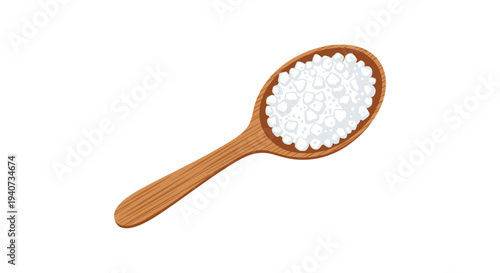 A long-handled wooden spoon holds a generous heap of coarse white granulated salt, presented cleanly on a pure white background.