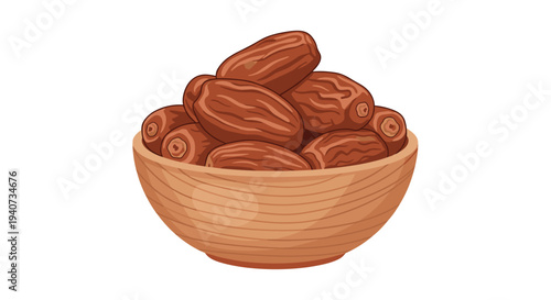 A rustic light brown wooden bowl is abundantly filled with numerous dark brown dates, each with a wrinkled texture.