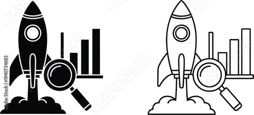 Rocket launch growth success magnifying glass analysis isolated on transparent background, Vector