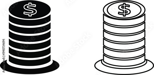 Money stack coins dollar isolated on transparent background, Vector