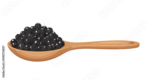 A long-handled light brown wooden spoon is filled with a glistening mound of small, dark black caviar pearls on a pure white background.