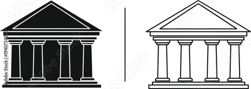 Black and white ancient greek columns and buildings isolated on transparent background, Vector