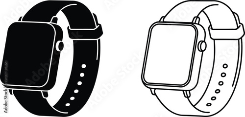 Smartwatch design comparison black and white isolated on transparent background, Vector