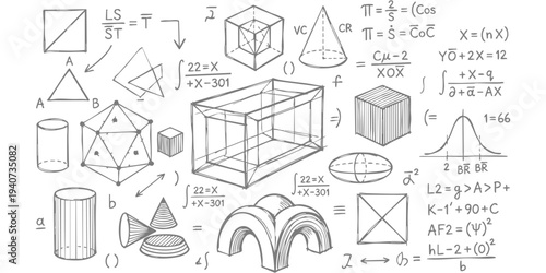 Light grey hand drawn mathematical background with 3D geometry shapes and algebra formulas vector illustration