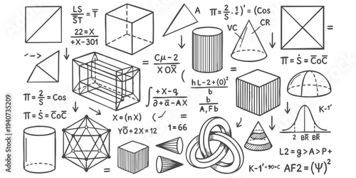Hand drawn mathematics and geometry educational background with complex calculus formulas and 3D shapes vector illustration