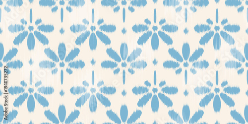 Ikat floral ethnic seamless pattern. Vector batik textured background with blue daisy flowers. Rug watercolor motif for textile and fabric design. Oriental cute decorative illustration