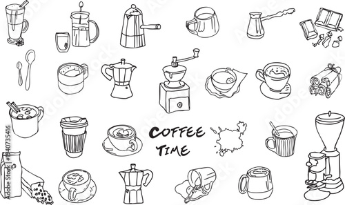 Hand drawn coffee set. Collection of coffee cups, moka pot, cezve, french press, coffee grinder, beans and coffee accessories. Doodle style line art coffee elements isolated on white background. 