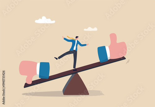 Demerit and merit evaluation, advantage and disadvantage in comparison, performance assessment, manager evaluation, judgment concept, businessman balance on seesaw with thumb up and thumb down