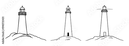 Lighthouse beam set with minimalist line art of a beam cutting through fog featuring coastal decor, simple fluid strokes, isolated on white with line art and illustration