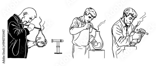 Glassblowing set with continuous line art of a glassblower shaping a vessel featuring glass art, craft, movement with thin black line and white background