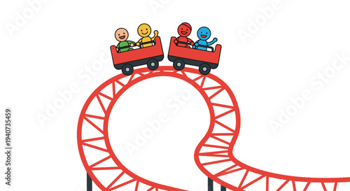 Two vibrant red roller coaster cars, each carrying two cheerful cartoon passengers, ascend the peak of a looping red track on a white background.