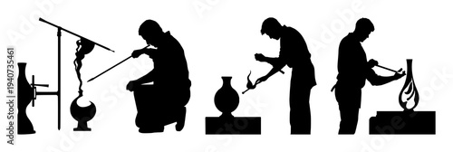 Glassblower silhouette set with solid black outline and blowpipe shaping molten glass featuring glassblowing, artisan work, molten glass with fire and furnace