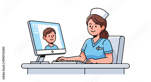 A female healthcare worker in blue scrubs and a white nurse cap sits at a desk with a computer displaying a patient's virtual consultation in a flat 2D style, post pandemic health scenario.