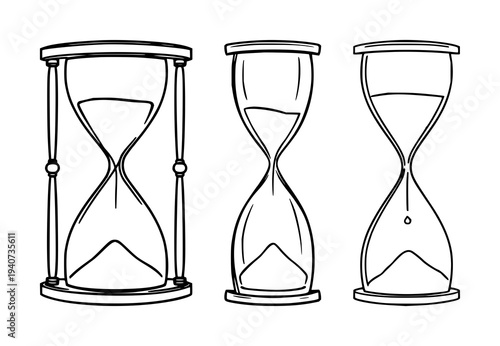 Hourglass set with minimalist line art of an hourglass with sand piling at the bottom featuring time, temporal decor, illustration with black ink and white background