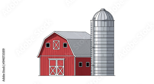 A distinct red barn with a grey gambrel roof and white trim stands beside a tall cylindrical silver silo on a plain white background.