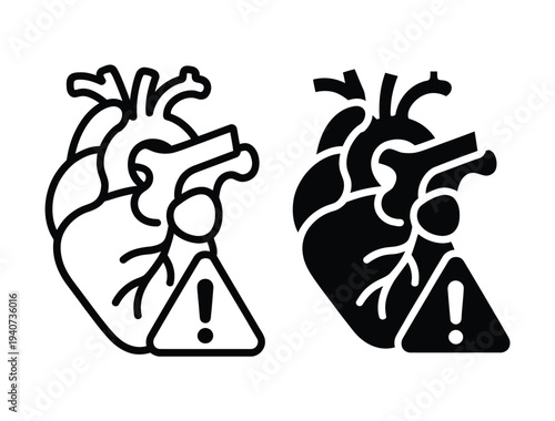 Human heart anatomy icons show caution warnings with attention triangle.