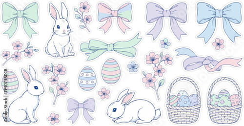 Pastel Easter Sticker Collection Cute Bunnies Decorated Eggs Bows and Spring Flowers EPS10 Stock.eps