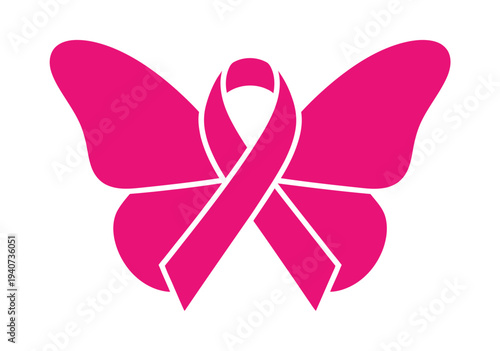 Pink ribbon butterfly symbol represents breast cancer awareness.