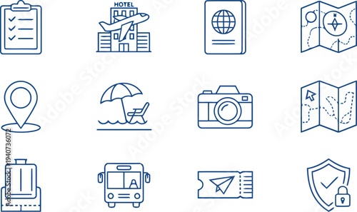 Editable Stroke Travel Tourism Line Icons Minimalist vacation concepts EPS10 Stock.eps