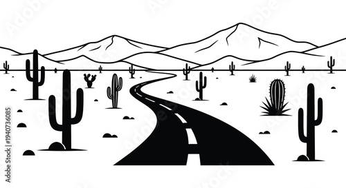A minimalist desert landscape with winding road and cacti rendered in a striking black silhouette high quality professional detailed modern elegant