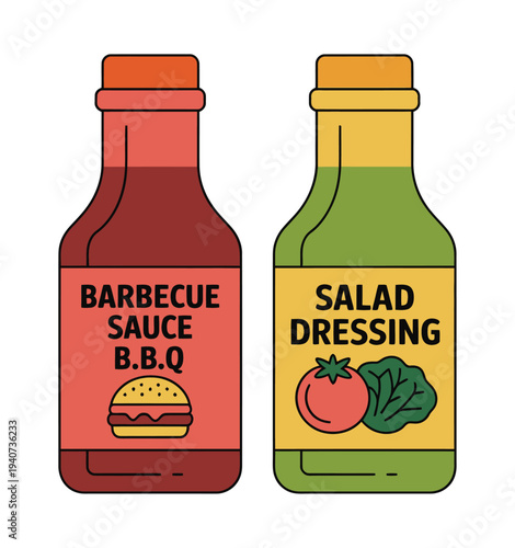 Barbecue sauce and salad dressing bottles stand ready for food.