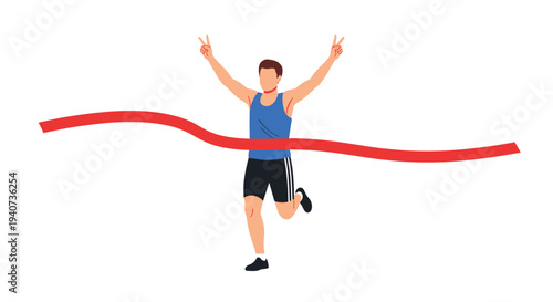 A light-skinned male runner in a blue tank top and black shorts crosses a red finish line with victory gestures against a plain white background.