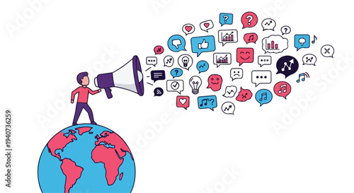 A cartoon man standing on a globe uses a megaphone to broadcast social media icons, representing influence and online communication in a flat 2D style.