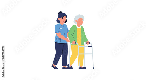 A smiling female caregiver in blue scrubs assists an elderly woman with grey hair using a four-wheeled walker on a plain white background.