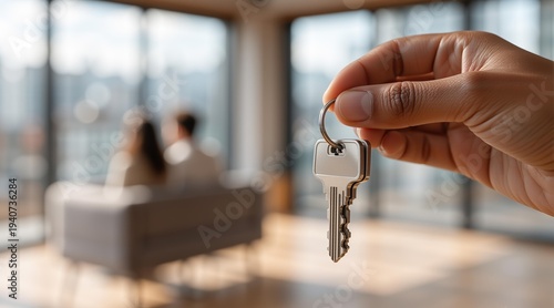 Hand of real estate agent holding house key. Happy couple sitting in new apartment background. Concept of buying home, moving, mortgage, property investment and successful real estate deal.